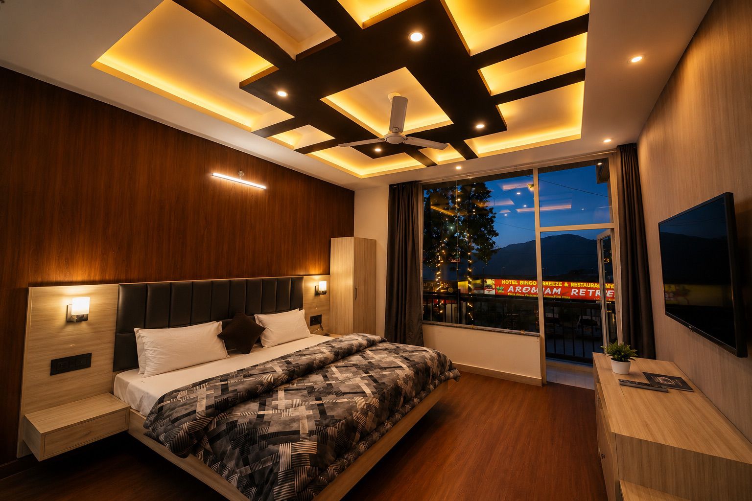 King suite with statement coffered ceiling and mountain view