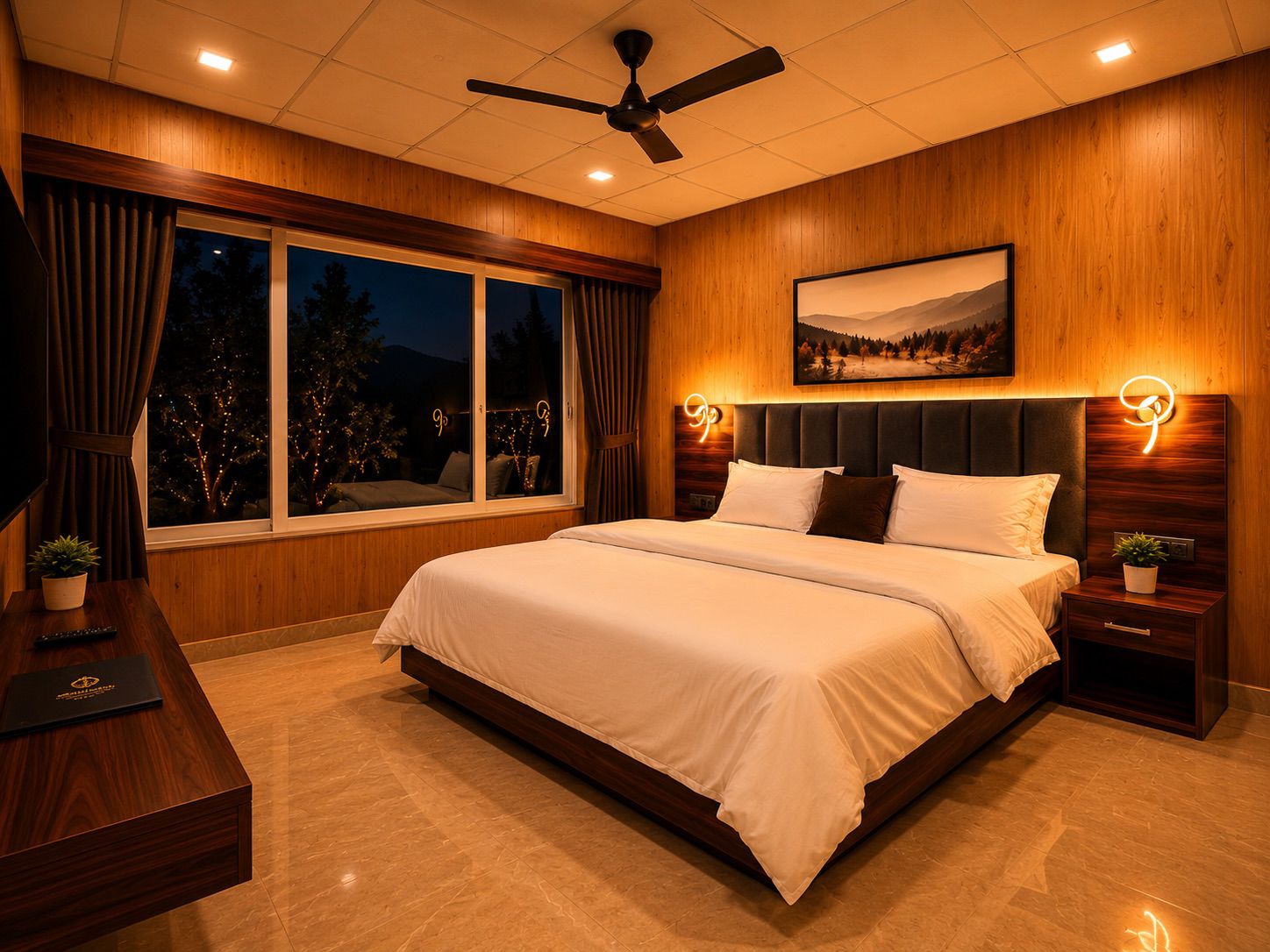 Warmly lit bedroom with art and reading nook